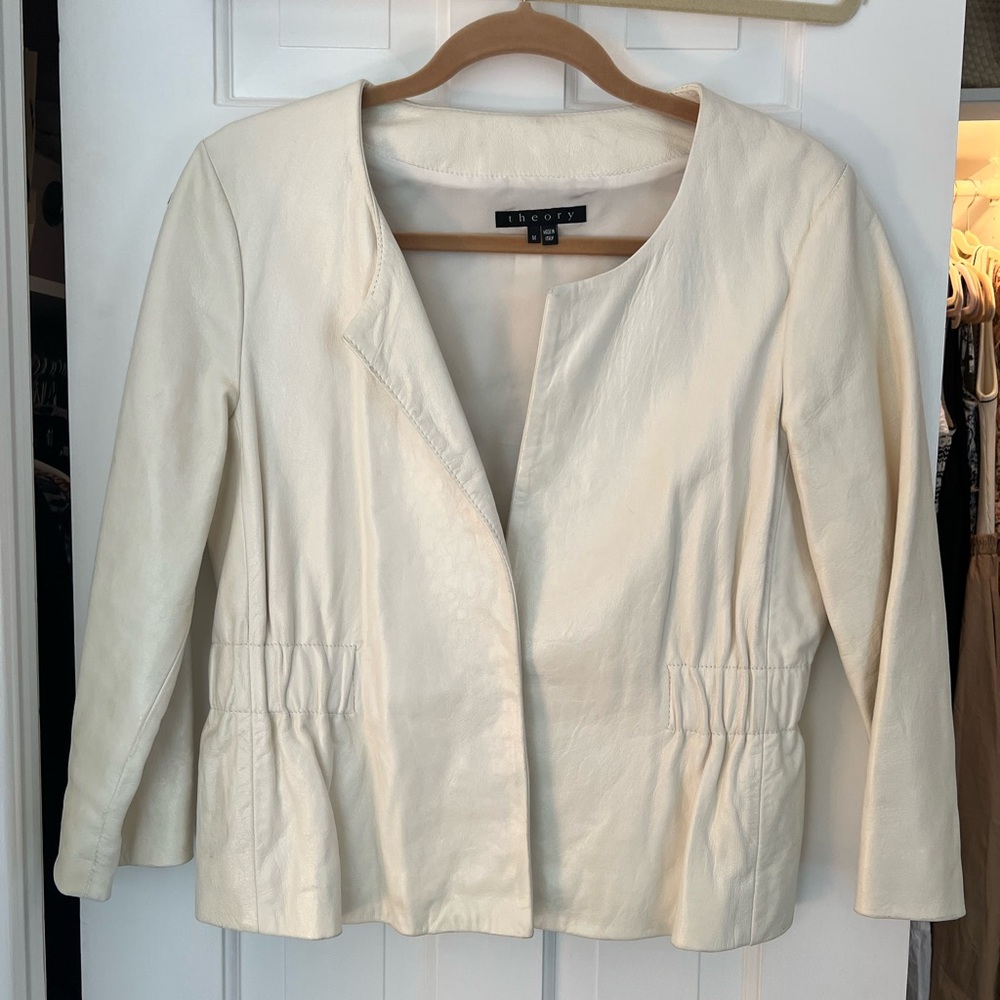 Theory White Leather Jacket with Peplum Waist